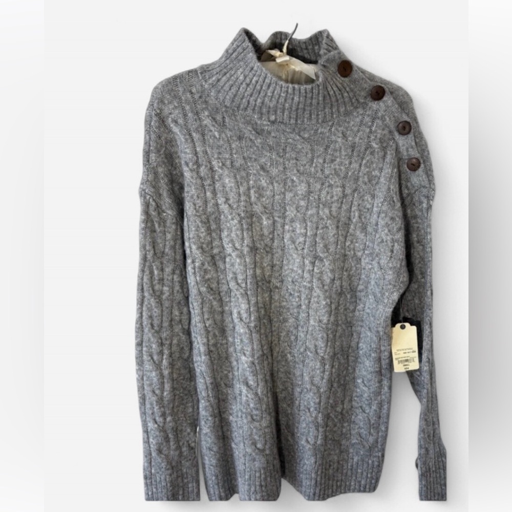 St John's Bay NWT Cable Knit High Neck Sweater Heather Gray Women's Small Button